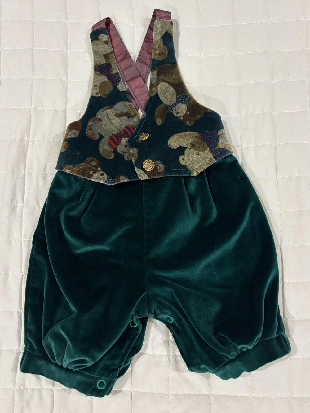 Good Lad Vintage Baby Christmas Velvet Romper Green Teddy Bear Print USA 12M